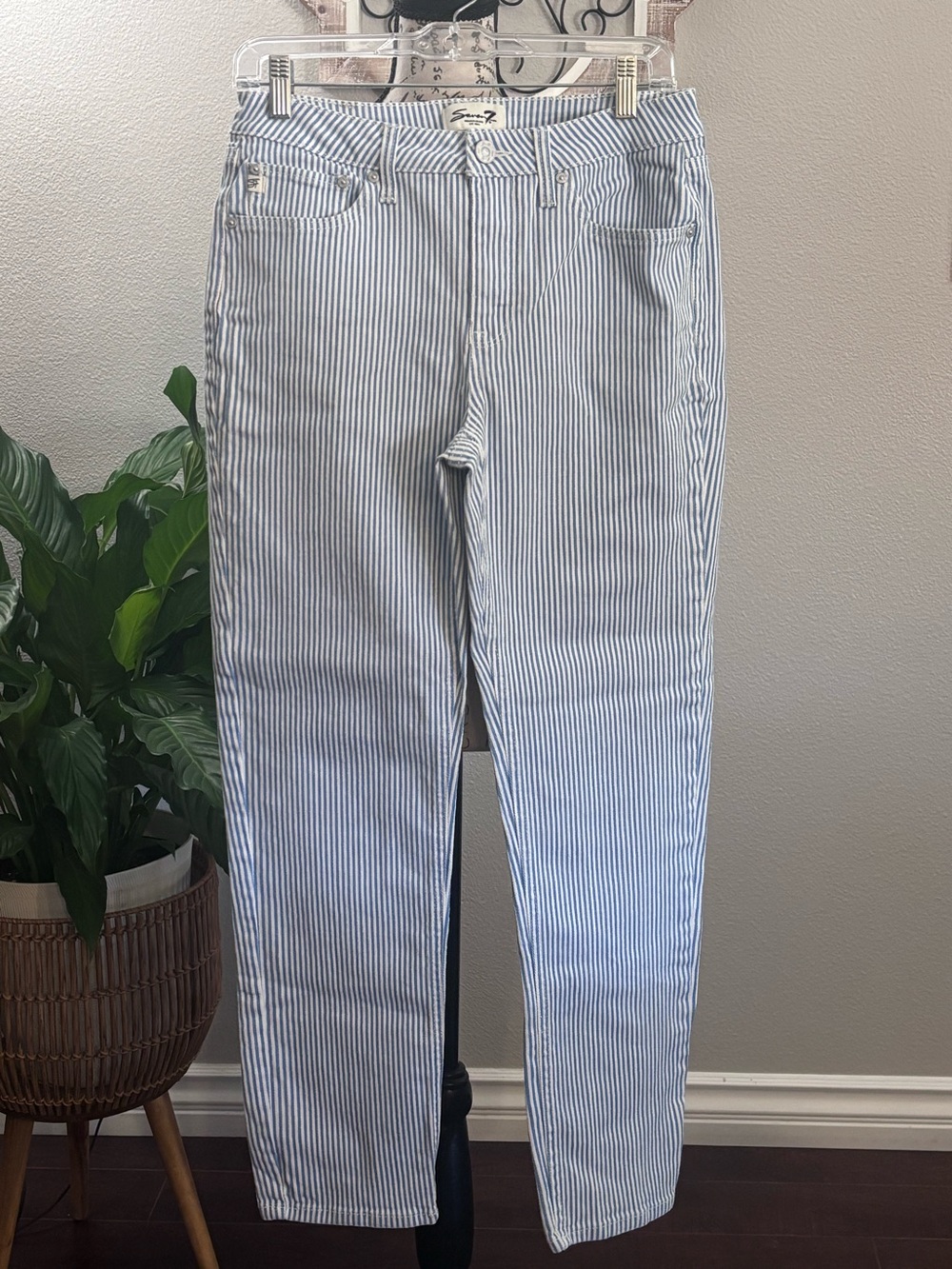 Seven7 Blue & White Striped Slim Straight Jeans